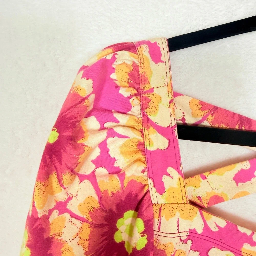 Free People Give Me More Crop Top Pink Floral Puff Sleeve Square Neck M Retro